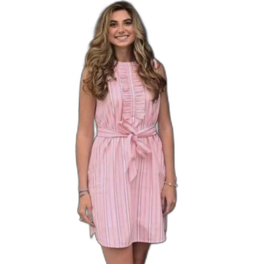 Draper James Belted Sleeveless Ruffle Mini Striped Preppy shift dress Medium
